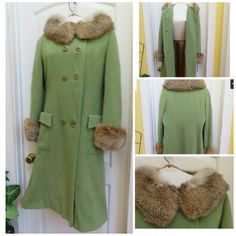 Glamorous 70’s Avocado Green Princess Coat. Union Tag. Fur Is A Soft Rabbit Trim. Sourced From The Original Owners Granddaughter Trust Me, If I Was A Little Bit Taller I Would Be Keeping This Gem! Thanks For Looking Waist 34” Length 46.5” Sleeve 25” 1960s Winter Fashion, 1960s Winter, 70s Glam, Green Princess, If I Was A, Princess Coat, 1960s Fashion, Avocado Green, Vintage Jacket