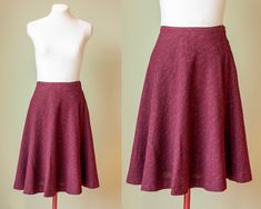 Size S/W"27 ~ Vintage 1950s burgundy wool skirt  ~ Textured circle skirt Lovely classic circle skirt in a herringbone weave of burgundy and black with metallic threads in between. Light wool with a sateen lining in burgundy. Metal zipper on the side with a hook that can be adjusted in three different widths. Great stable item for the vintage closet.  Garment measurements (see guide in photos) Waist: 68-70 cm/ 26 1/2-27 1/2 in Hips: free Length from waistline to hem: 64 cm/25 in Have any question Vintage Closet, Wool Skirt, Wool Skirts, Metallic Thread, Metal Zipper, Circle Skirt, Vintage 1950s, Herringbone, Norway