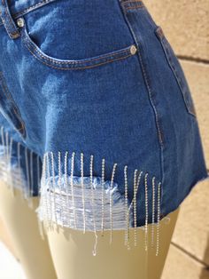 Product details Medium wash denim High rise Distress style Rhinestone crystal fringe detail 98% cotton Rhinestone Fringe Shorts, Fringe Jean Shorts, Fringe Shorts, Crystal Fringe, Fringe Jeans, Rhinestone Fringe, Short Fringe, Diy Rhinestone, Denim Short