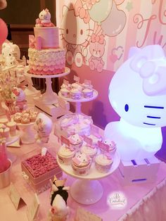 a hello kitty themed birthday party with cupcakes, cakes and desserts on the table