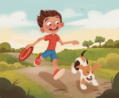 a boy running with a frisbee in his hand and a dog on the other side