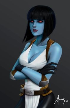 a woman with blue skin and black hair is posing for the camera, her arms crossed