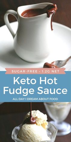 keto hot fudge sauce is drizzled on top of ice cream