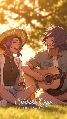 two people sitting on the grass playing guitar and singing into each other's ears