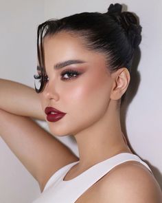 Cocktail Evening Makeup, Evening Event Hairstyles, Wine Lip Makeup Look, Hollywood Glam Hair Updo, Cocktail Party Makeup Classy, Nude Makeup With Red Lips, Makeup With Dark Lips, Red Dress Makeup Looks Classy, Makeup For Brown Dress