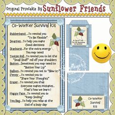 a sunflower friend's survival kit is shown in this graphic style, with instructions for