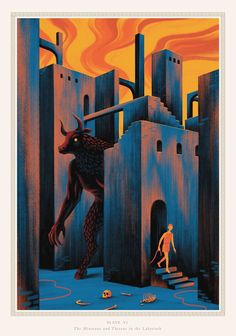 an illustration of a demon attacking a man in the middle of a castle like setting