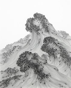 an ink drawing of mountains with trees on them