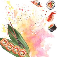 Philadelphia sushi rolls with soy sauce, chopstiks and leaf nory. Template for banner or menu design. Watercolor stock photos Sushi Rolls, Menu Design, Soy Sauce, Philadelphia, Watercolor Illustration, Rolls, Sauce