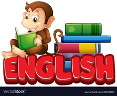 a monkey reading a book in front of the word english with books on a white background