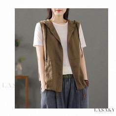 Lasaky - Vintage Artistic Linen Hooded Sleeveless Vest with Loose Fit and Open Front Design Women's Vests, Hippie Fashion, Chic Tops, Hoodie For Women, Chic Top, Coat Women, Solid Clothes, Sleeveless Vest, Casual Coat