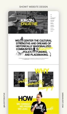 Looking for unique web design ideas for your creative website? This bold website design for Kimzin Creative combines a bold sans-serif font with graffiti-inspired script for a street-style inspired edgy web design. Add in a yellow, black and white website color palette and you have the ideal colorful web design with a bold, edgy, and minimalist feel. Book your own Showit website design project and check out the Kleist Creative web design portfolio here! Sales Website Design, Sport Website Design, Event Website Design, Yellow Website, Art Website Design