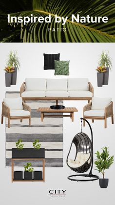 a living room with white furniture and plants