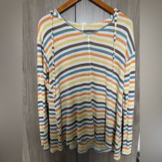 Brand New Size Large Easel Long Sleeve Lightweight Pullover Hoodie. Multicolored Stripes. Multicolor Hooded Top With Drawstring For Fall, Multicolor Drawstring Hood Top For Fall, Multicolor Drawstring Hooded Top For Fall, Multicolor Hoodie For Loungewear, Multicolor Hoodie Tops For Loungewear, Hooded Multicolor Tops For Loungewear, Trendy Multicolor Tops With Drawstring Hood, Trendy Multicolor Top With Drawstring Hood, Casual Multicolor Hooded Top With Drawstring