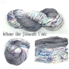 three skeins of yarn with the words where the sidewalk ends written on them