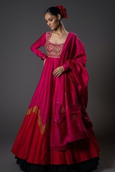 Fuchsia red anarkali with aari, dori embroidered yoke in floral pattern and chevron patchwork. Paired with churidar and dupatta. - Aza Fashions Multicolor Anarkali Dress, Anarkali Suit For Women, Ajrakh Anarkali, Anarkali Neck Designs, Anarkali Kurti Design, Anarkali Patterns, Fashion Course, Suits For Women Indian, Anarkali Designs