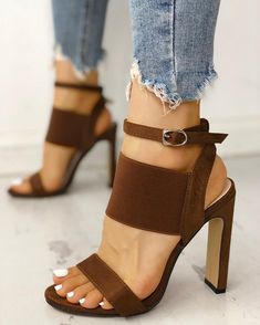 Open Toe Elastic Strap Heeled Sandals Brown Sandals Heels, Hak Tinggi, High Heels Classy, Women Heels, Heels Classy, Studded Heels, Measurement Chart, Brown Sandals, Heart Healthy