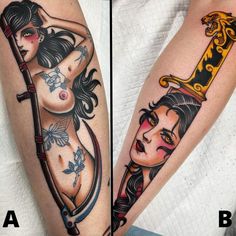 two tattoos on the arms of women with different types of body parts and designs, one is