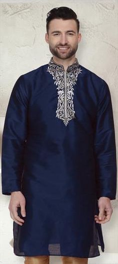 Blue color Kurta in Dupion Silk fabric with Embroidered, Thread work Blue Cotton Embroidered Fabric For Wedding, Blue Cotton Embroidered Fabric For Festivals, Blue Embroidered Cotton Fabric For Wedding, Festive Blue Embroidered Cotton Fabric, Silk Kurta, Dupion Silk, Thread Work, Silk Fabric, Blue Color