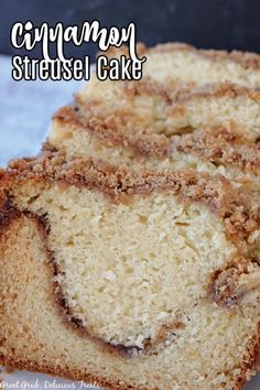 two slices of cinnamon streusel cake on a plate with the title above it