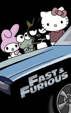 an animated image of hello kitty and her friends in a car