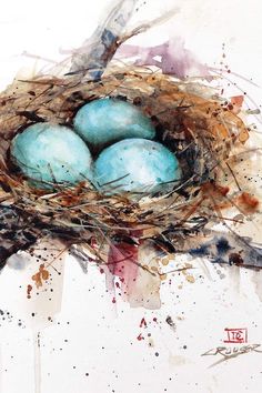 a painting of three blue eggs in a nest