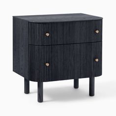 a black cabinet with two drawers on one side and three brass knobs on the other