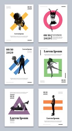 four posters with different colors and shapes on the same page, each showing an individual's body