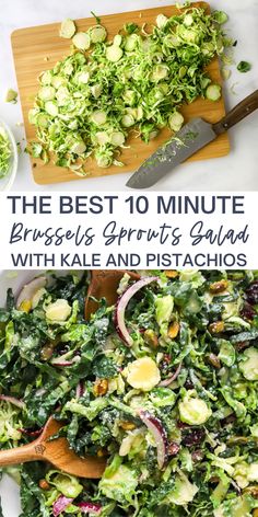 the best 10 minute brussel sprouts salad with kale and pistachios