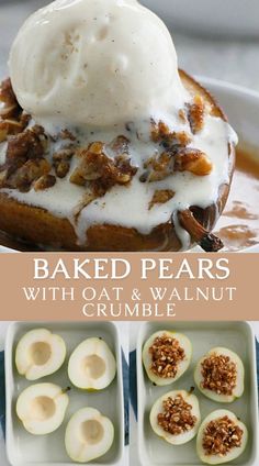 baked pears with oat and walnut crumbled on top are served in white dishes