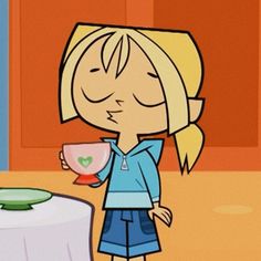 a cartoon girl drinking from a cup next to a table with a plate on it