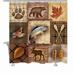 a shower curtain with different animals and leaves on the outside, including an animal's paw