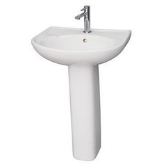 a white pedestal sink with a faucet on the side and an overflowing faucet