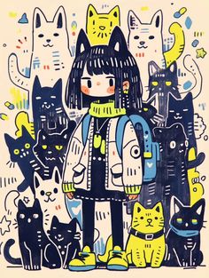 a drawing of a girl surrounded by cats