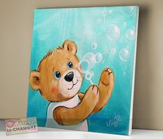 a painting of a teddy bear with bubbles on it's chest, sitting on a shelf