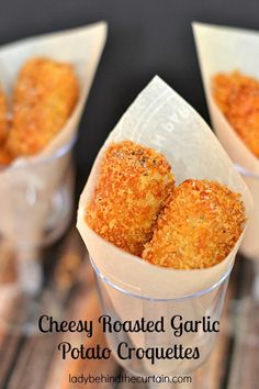 cheesy roasted garlic potato croquettes in small cups