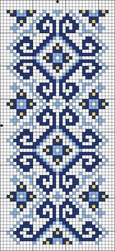 a cross stitch pattern with blue and yellow dots