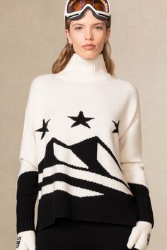 Designed in collaboration with U.S. Ski & Snowboard, the Stella Turtleneck Sweater features a graphic design, oversized fit and wide rib, high-low hem. 455 grams of 100% pure cashmere in 5-gauge knit Hand Finished Turtleneck Graphic print Ribbed trim 23 1/2" length (size small) Dry Clean Only All sale items are FINAL SALE. Ski Knitwear, Ski Sweater, Ski Snowboard, Pullover Designs, Ribbed Neckline, Ski And Snowboard, High Low Hem, Cashmere Sweater, Ox