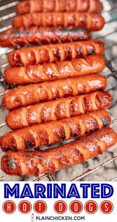 hot dogs are being cooked on a grill with the words marinated hot dogs above them