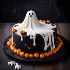 a halloween cake decorated with white icing and orange pumpkins on a black plate