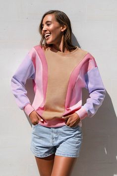 Lift your casual collection with this Lilac Sunset Color Block Long Sleeve Sweatshirt. Ribbed accents at the collar, cuffs, and hem lend to the classic sweatshirt look. Throw on this cute sweatshirt and get ready to have fun! Product Code: JSN0001EZ   Model is wearing a size XS  Height: 5' 4', Bust: 31 in, Waist: 24 in Hips: 35 in  Features:     Normal   Pull over   Regular   Round neck   Long sleeve   Loose waisted   Regular wash   Materials: 80%Cotton, 14%Polyester, 6%Spandex   Pattern: Color Lilac Sunset, Sunset Color, Sports Wear Women, Classic Sweatshirt, Swimwear Beach, Sunset Colors, Cute Sweatshirts, Kinds Of Clothes, Sweatshirts Online