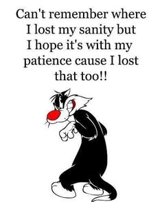 a black and white cat with red eyes saying, can't remember where i lost my sainty but i hope it's with my patience cause lost that too