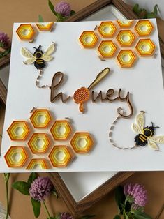 a card that says honey with some bees on it and flowers in front of it