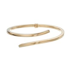 Modern style abounds with this distinctive bypass bangle bracelet. BRACELET DETAILS Length: 8 in. Closure: hinge Metal: sterling silver Packaging: boxed  Size: One Size. Color: Yellow. Gender: female. Age Group: adult. Modern Flexible Bangle Jewelry, Formal Polished Open Band Bangle, Modern Flexible Gold Bangle Bracelet, Modern 14k Gold Flexible Jewelry, Flexible Modern 14k Gold Bangle, Modern Flexible 14k Gold Jewelry, Formal Yellow Gold Bangle With Modern Twist, Modern 14k Gold Bangle Bracelets, Modern Twist Cuff Bracelet Bangle For Formal Occasions