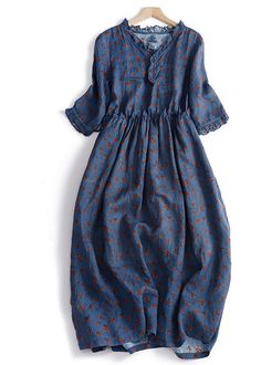 Vintage Navy Blue Ruffled Patchwork Print Drawstring Maxi Dresses Short Sleeve Comfy Summer Dresses, Dresses Short Sleeve, Maxi Dress Collection, Dress Making Patterns, Patchwork Print, Comfy Dresses, Linen Maxi Dress, Vestidos Vintage, Maxi Dress Cotton