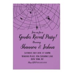 a purple and black halloween party card with spider webs on the inside of it