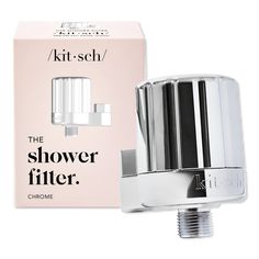 the shower filter chrome by kit - sch is in front of a pink box