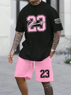 Multicolor Casual Collar   Letter  Embellished Slight Stretch  Men Clothing Guys Fashion Swag, Mens Shorts Outfits, Drip Outfit Men, Men Fashion Casual Shirts, Co Ords, Streetwear Men Outfits, Summer Outfits Men, Tshirt Outfits, T Shirt And Shorts