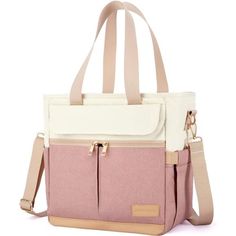 a pink and white handbag with two straps on it's sides, sitting against a white background