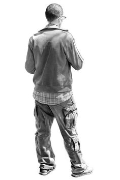 black and white photograph of man in leather jacket looking at his cell phone, back view